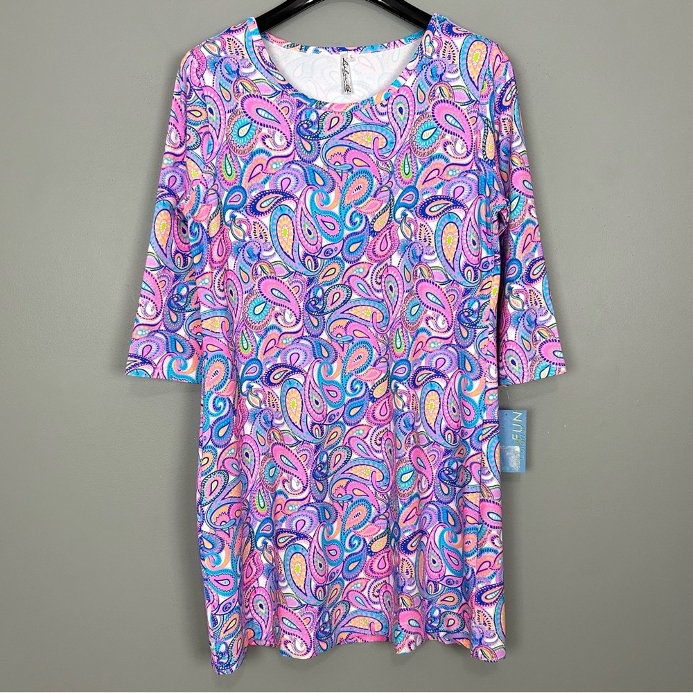 Lulu-B Smooth Knit Shift Dress Women’s Size L Preppy Colorful Paisley Stretch